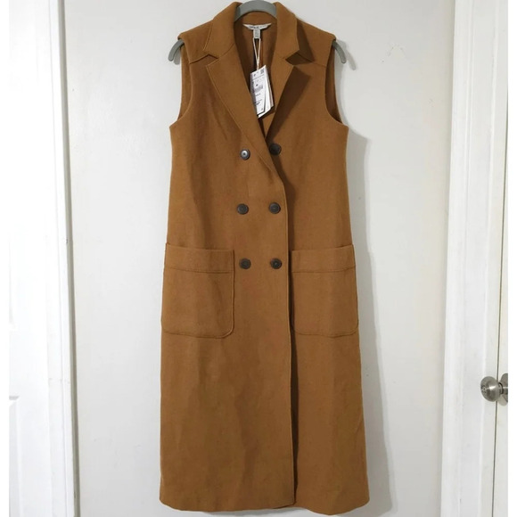 ZARA Trafaluc Sleevesless Wool Blend Double Breasted Long Coat, Tobacco Brown, S - Picture 2 of 13